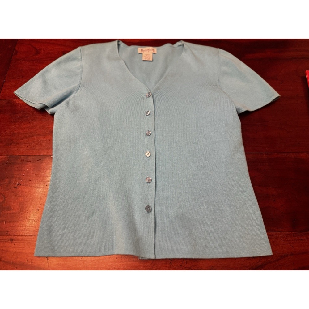 Hampshire Women's Petite Small Short Sleeve Light Blue Button Down Knit Sweater